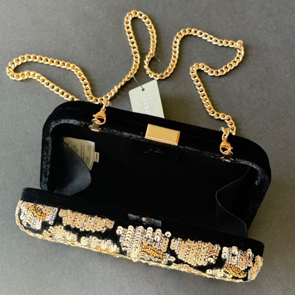 J. CREW Clutch Minaudiere Leopard Sequins Beads Detachable Chain Gold - Picture 6 of 13